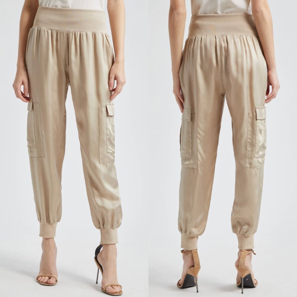 Cinq à Sept Khaki Giles Cupro Crop Cargo Jogger Pants Size Large